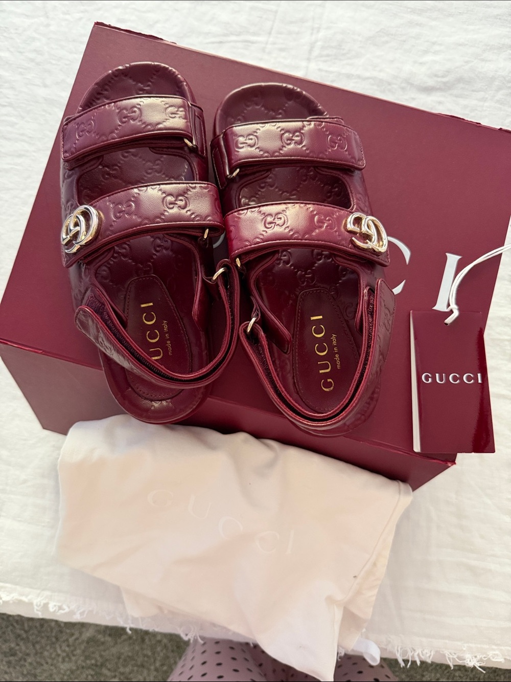Gucci Wine Burgundy Patent Leather GG-Embossed Velcro Sandals